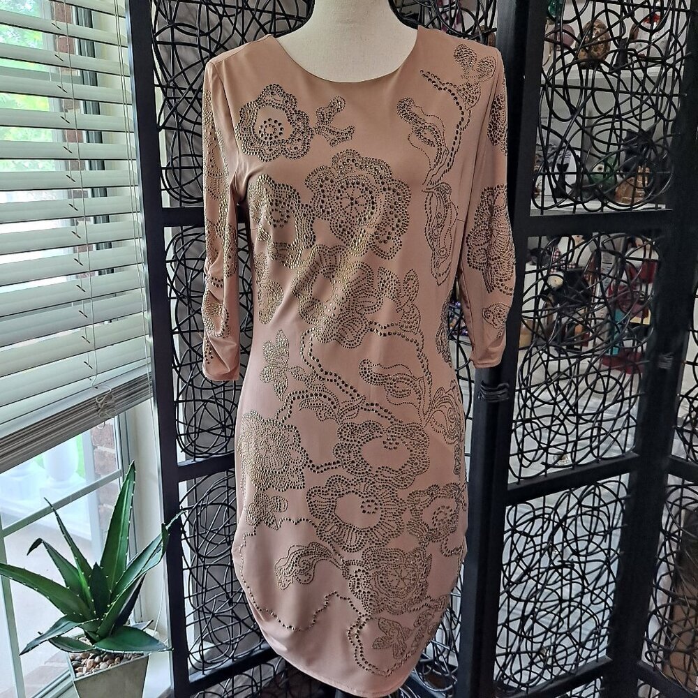 Boston Proper Size Small Nude Taupe Dress Silver Gold Embellishments 3/4 Sleeve